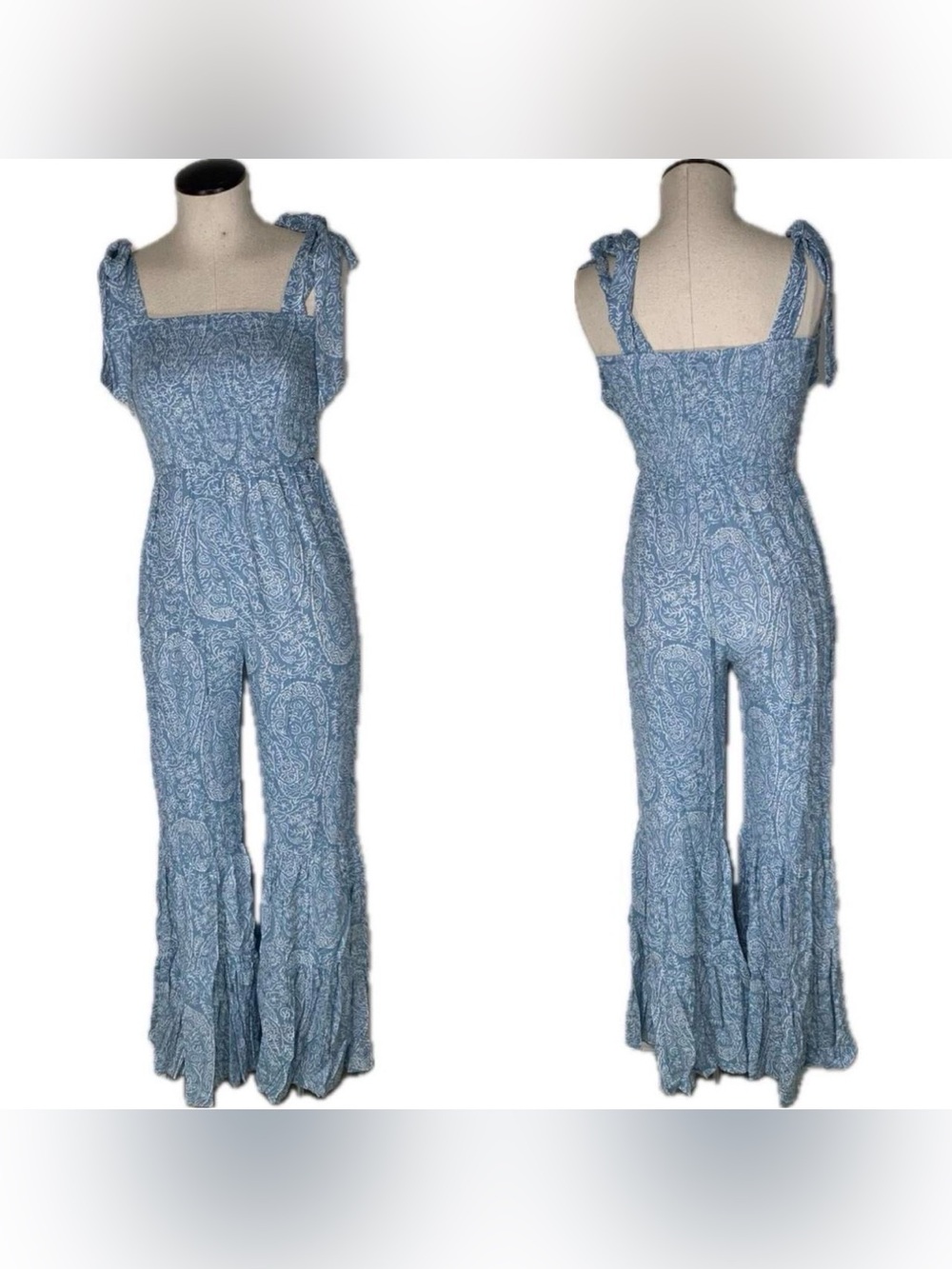 Blue Paisley Smocked Tie Strap Wide Leg Flared Ruffle Hem Jumpsuit M Boho Indie
